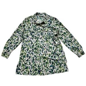 Susan Graver Liquid Knit Collared Button-Up Blouse Size M Green Print